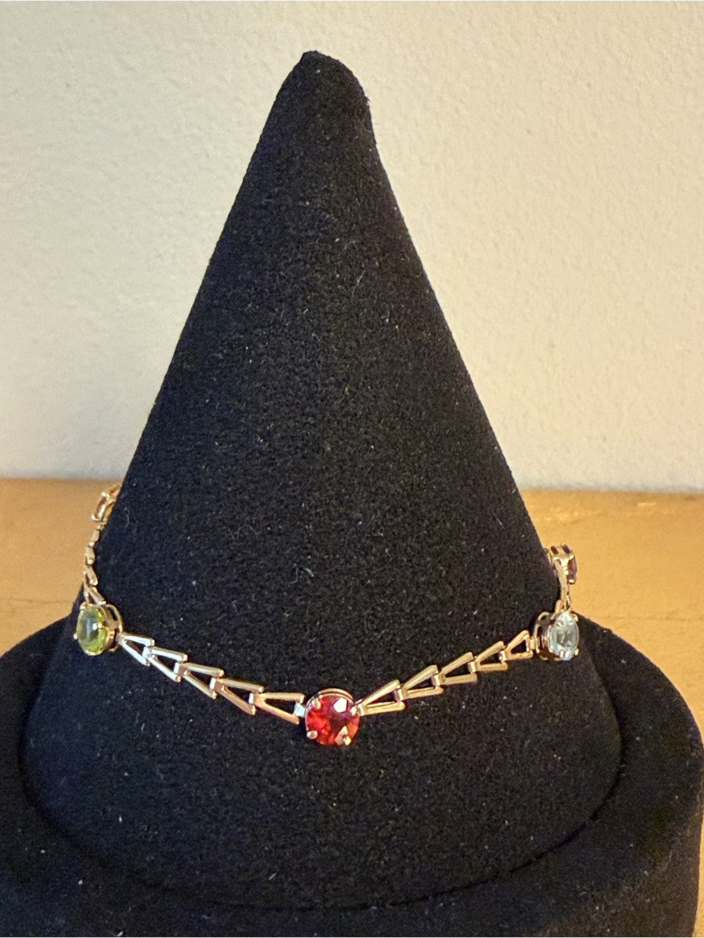 Vintage 14k Gold Triangle Link Multi Color Gemstone Bracelet